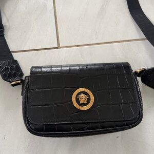 Black Versace Croc-Embossed Crossbody Bag